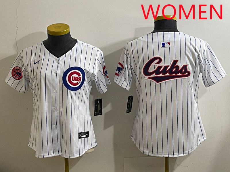 Women 2025 Chicago Cubs Blank White Stripe Game Nike MLB Jersey style 6->women mlb jersey->Women Jersey